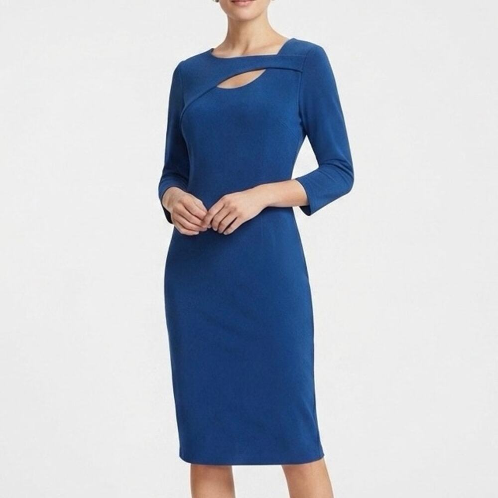 Chico's Travelers Blue Cutout Neckline 3/4 Sleeve Midi Dress Chico’s Sz0 (S 4)